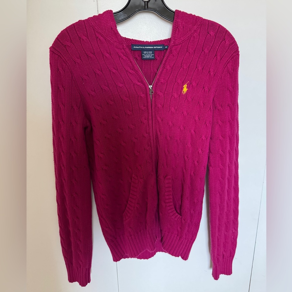 Ralph Lauren Sport cable-knit full-zip hoodie in a fuchsia